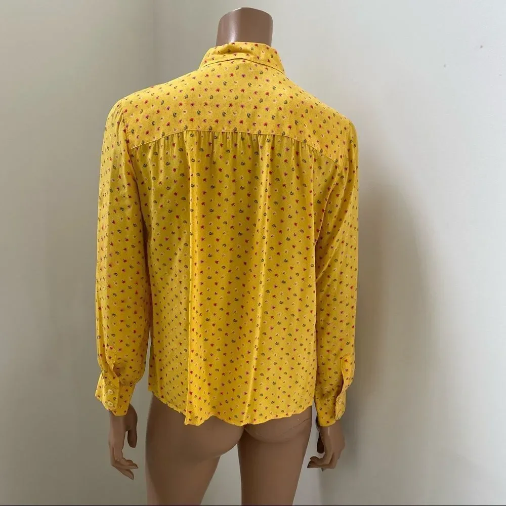 Celine Paris Vintage Yellow Silk Floral Blouse M - Picture 7 of 11